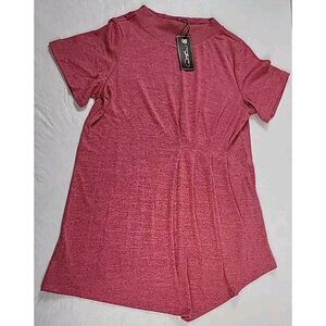 DG2 Diane Gilman Pullover Tunic Sweater M Pink Black Knit Front Left Side Pleats